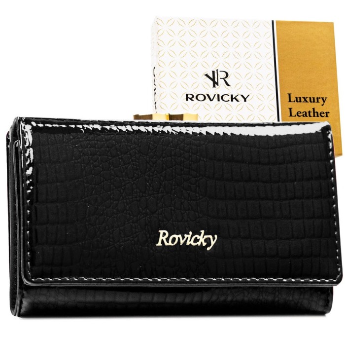 Elegancki średni portfel damski Rovicky ze skóry naturalnej – czarny, zamykany na bigiel i zatrzask