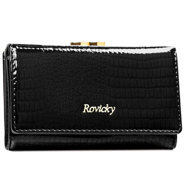 Elegancki średni portfel damski Rovicky ze skóry naturalnej – czarny, zamykany na bigiel i zatrzask