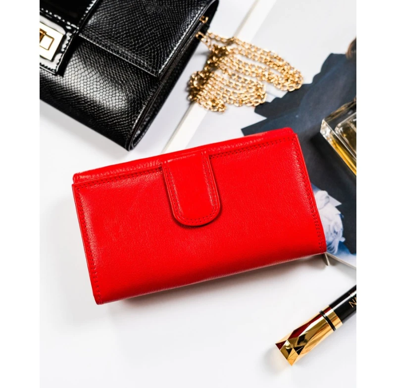 Czerwony portfel damski Rovicky ze skóry naturalnej, duży model z wewnętrzną kieszenią na suwak