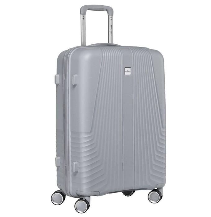 Szara walizka podróżna Peterson 70L – duża, wodoodporna, z kółkami 360° i teleskopowym uchwytem