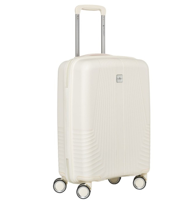 Beżowa walizka kabinowa Peterson 40L – mała, lekka, wodoodporna, z teleskopowym uchwytem i kółkami 360°