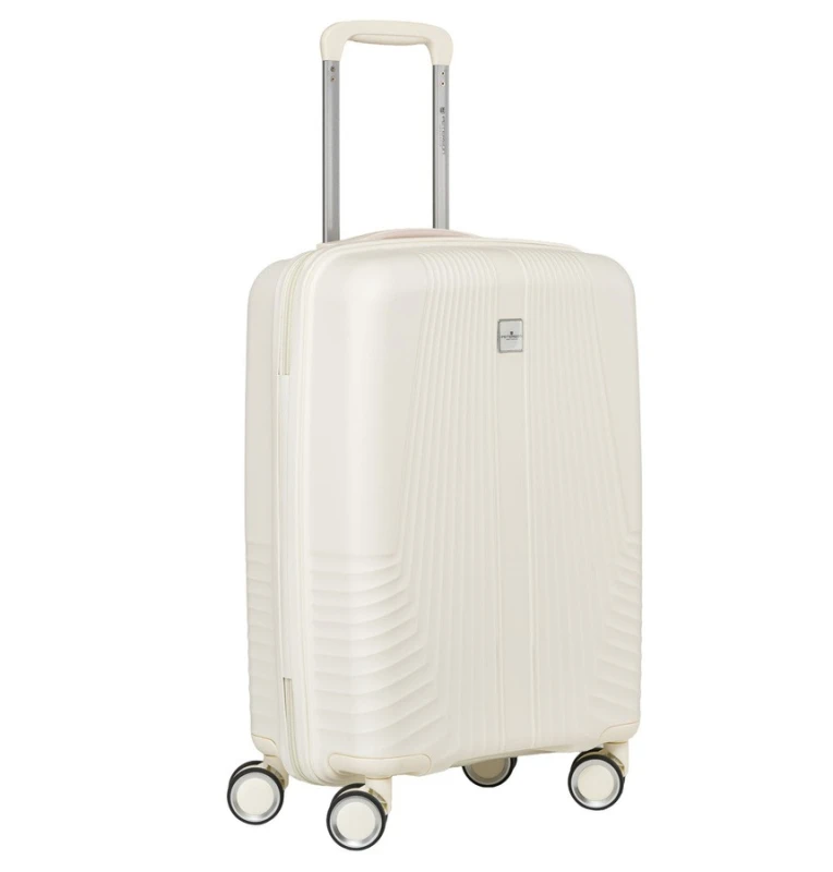 Beżowa walizka kabinowa Peterson 40L – mała, lekka, wodoodporna, z teleskopowym uchwytem i kółkami 360°