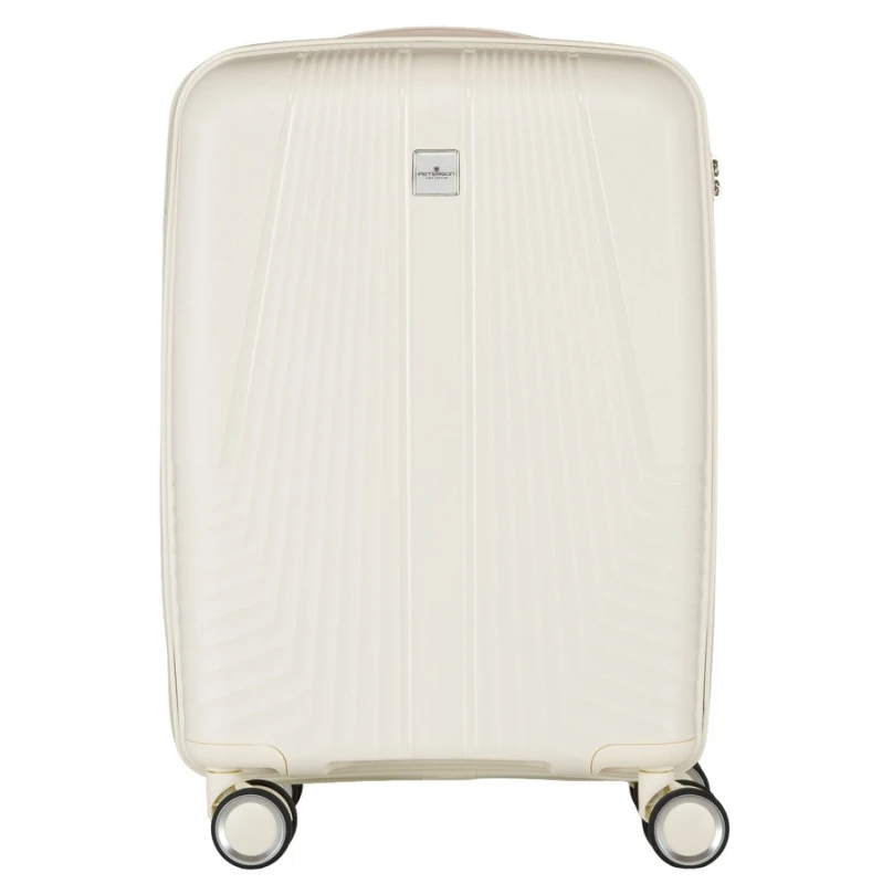 Beżowa walizka kabinowa Peterson 40L – mała, lekka, wodoodporna, z teleskopowym uchwytem i kółkami 360°