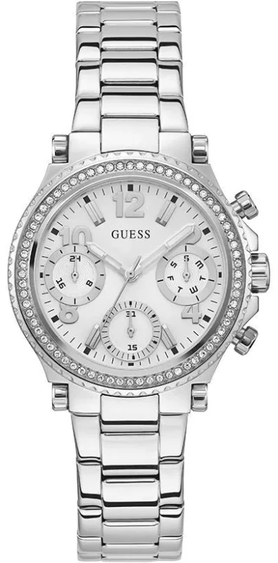Zegarek damski Guess Cosmic GW0590L1 – widok na całą tarczę i stalową bransoletę, elegancki design, srebrna kolorystyka.