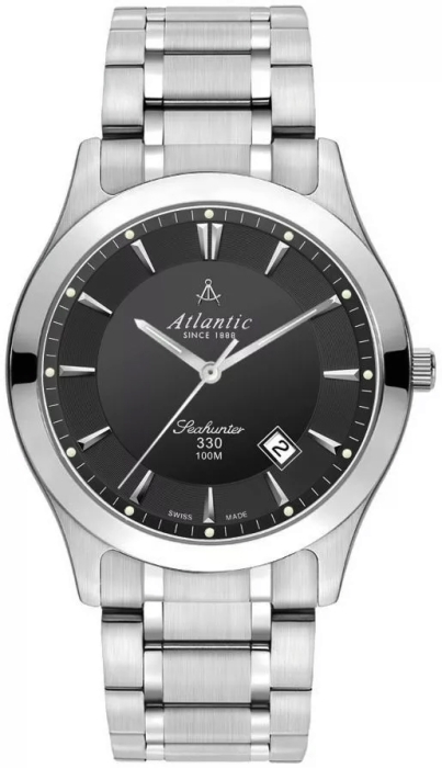Zegarek męski Atlantic Seahunter 71365.41.61 widoczny z przodu – elegancka czarna tarcza, srebrne indeksy i stalowa bransoleta.