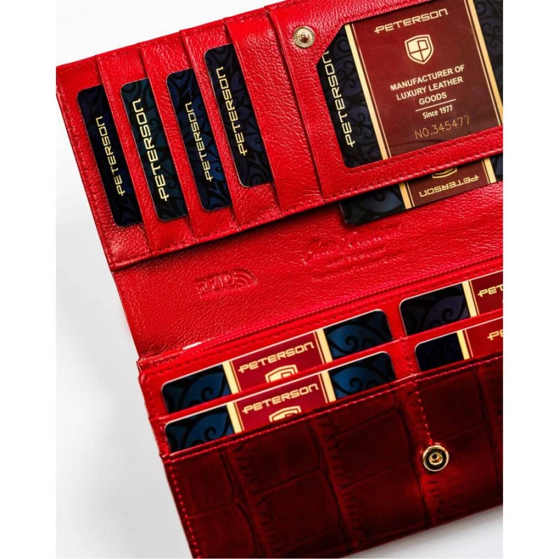 Skórzany, czerwony portfel damski na zatrzask z systemem RFID - Peterson