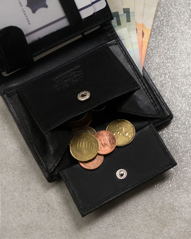 „Portfel męski z kieszonką na suwak – sekcja na monety z zatrzaskiem”