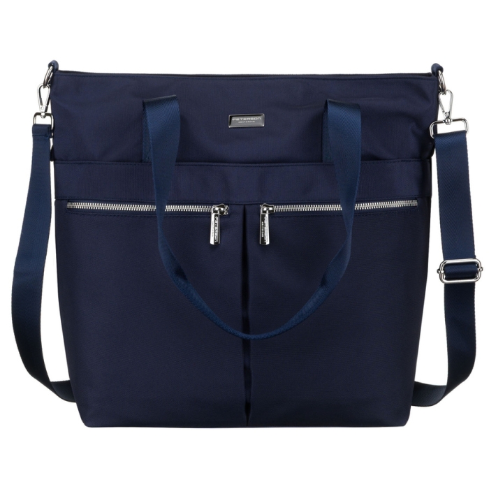 Granatowa, jednokomorowa shopperka damska z poliestru wyposażona w dopinany, regulowany pasek - Peterson