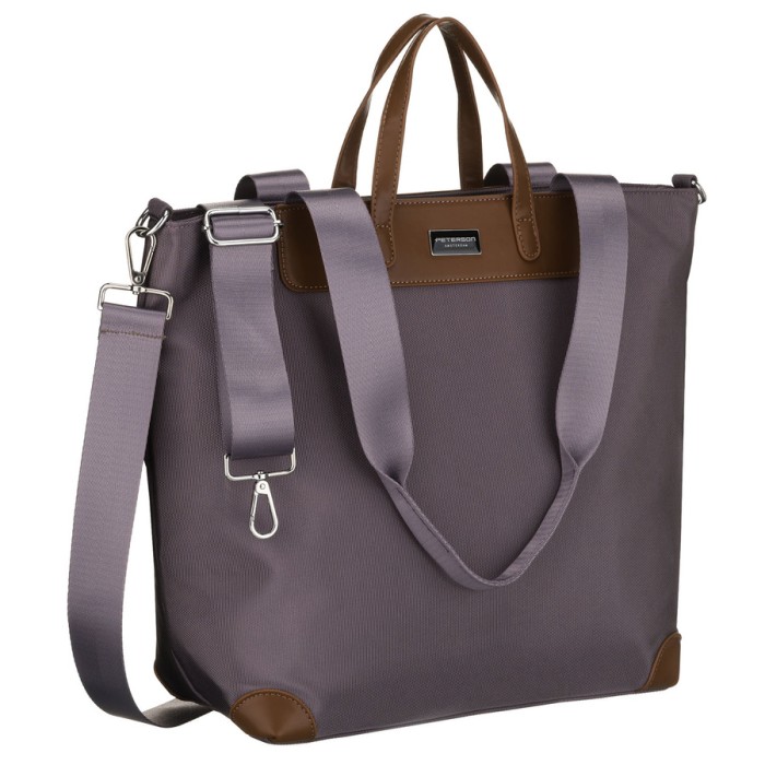 Duża shopperka damska w szarym kolorze, jednokomorowa, zawieszona na uchwytach i doczepianym pasku - Peterson