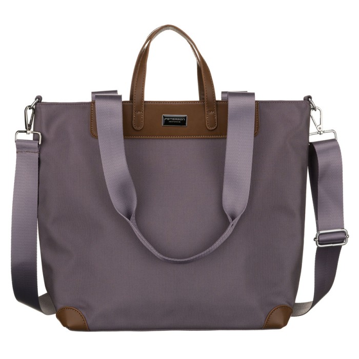 Duża shopperka damska w szarym kolorze, jednokomorowa, zawieszona na uchwytach i doczepianym pasku - Peterson
