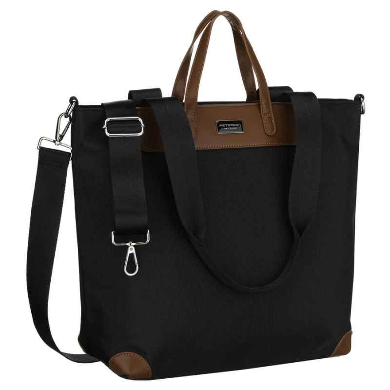 Duża czarna shopperka damska Peterson – widok z przodu, elegancka torba miejska z uchwytami i dopinanym paskiem
