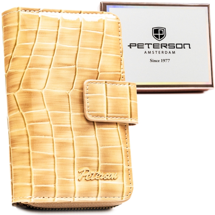 Beżowy portfel damski ze skóry ekologicznej z tłoczeniem na wzór skóry krokodyla, zamykany na zatrzask i suwak - Peterson