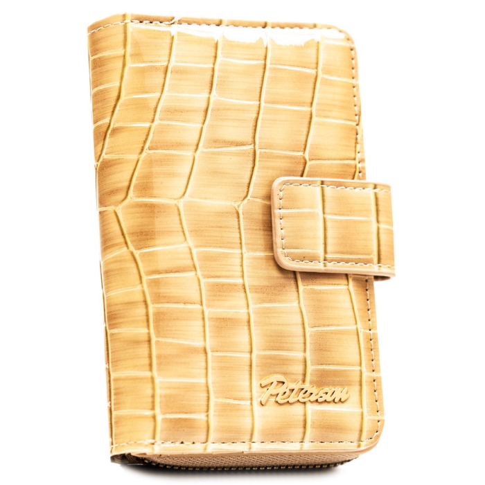 Beżowy portfel damski ze skóry ekologicznej z tłoczeniem na wzór skóry krokodyla, zamykany na zatrzask i suwak - Peterson