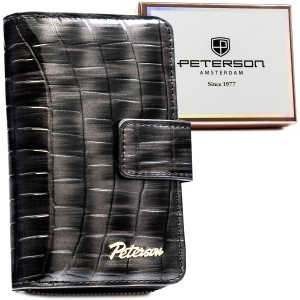 Szary portfel damski ze skóry ekologicznej z tłoczeniem na wzór skóry krokodyla, zamykany na zatrzask i suwak - Peterson