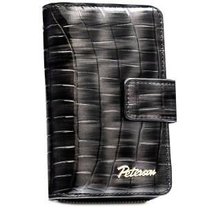Szary portfel damski ze skóry ekologicznej z tłoczeniem na wzór skóry krokodyla, zamykany na zatrzask i suwak - Peterson