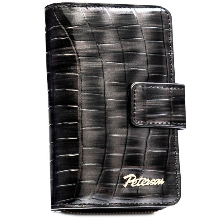 Szary portfel damski ze skóry ekologicznej z tłoczeniem na wzór skóry krokodyla, zamykany na zatrzask i suwak - Peterson