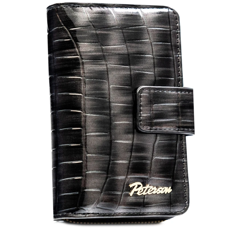 Szary portfel damski ze skóry ekologicznej z tłoczeniem na wzór skóry krokodyla, zamykany na zatrzask i suwak - Peterson