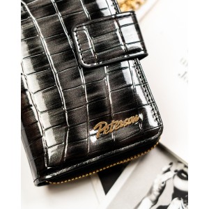 Szary portfel damski ze skóry ekologicznej z tłoczeniem na wzór skóry krokodyla, zamykany na zatrzask i suwak - Peterson