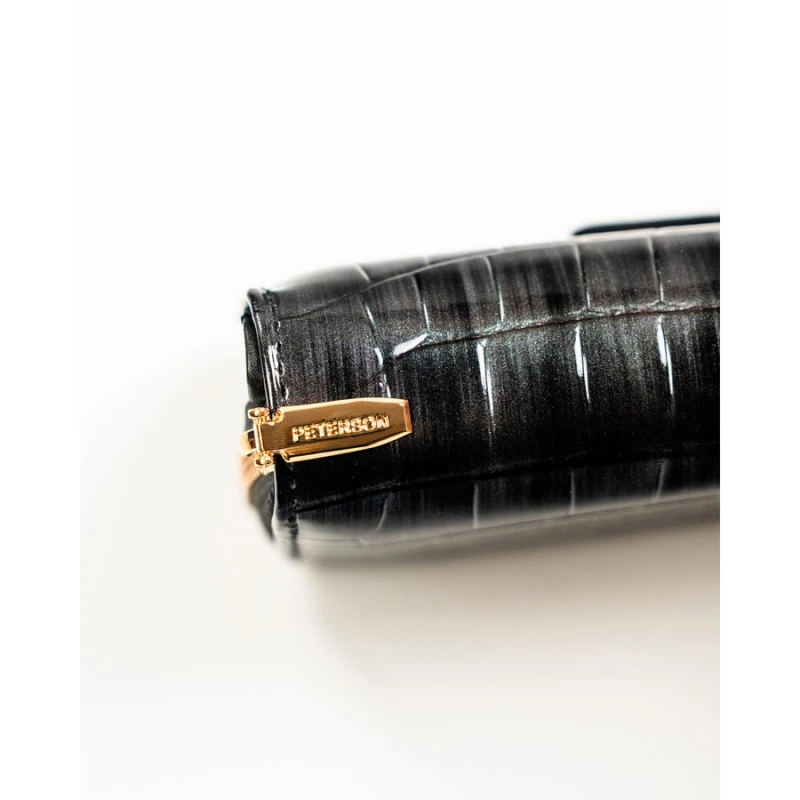 Szary portfel damski ze skóry ekologicznej z tłoczeniem na wzór skóry krokodyla, zamykany na zatrzask i suwak - Peterson