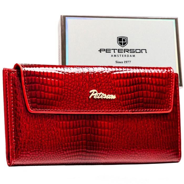 Duży, poziomy portfel damski ze skóry ekologicznej w czerwonym kolorze z tłoczeniem na wzór skóry krokodyla - Peterson