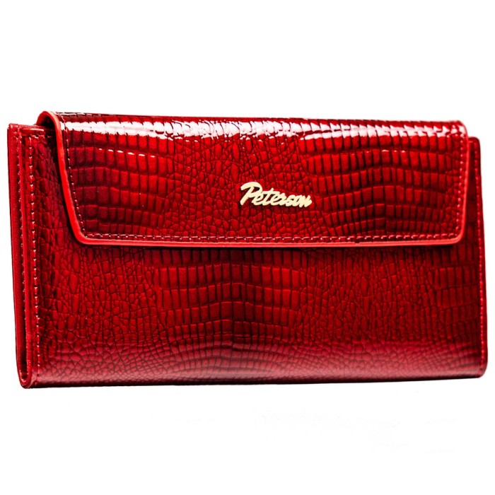 Duży, poziomy portfel damski ze skóry ekologicznej w czerwonym kolorze z tłoczeniem na wzór skóry krokodyla - Peterson