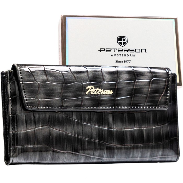 Szary portfel damski ze skóry ekologicznej zamykany na zatrzask - Peterson