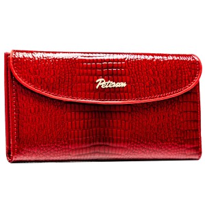 Poziomy portfel damski ze skóry ekologicznej w czerwonym kolorze z tłoczeniem na wzór skóry krokodyla - Peterson