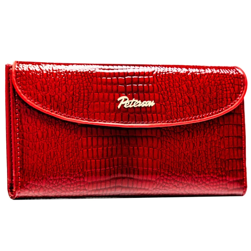 Poziomy portfel damski ze skóry ekologicznej w czerwonym kolorze z tłoczeniem na wzór skóry krokodyla - Peterson