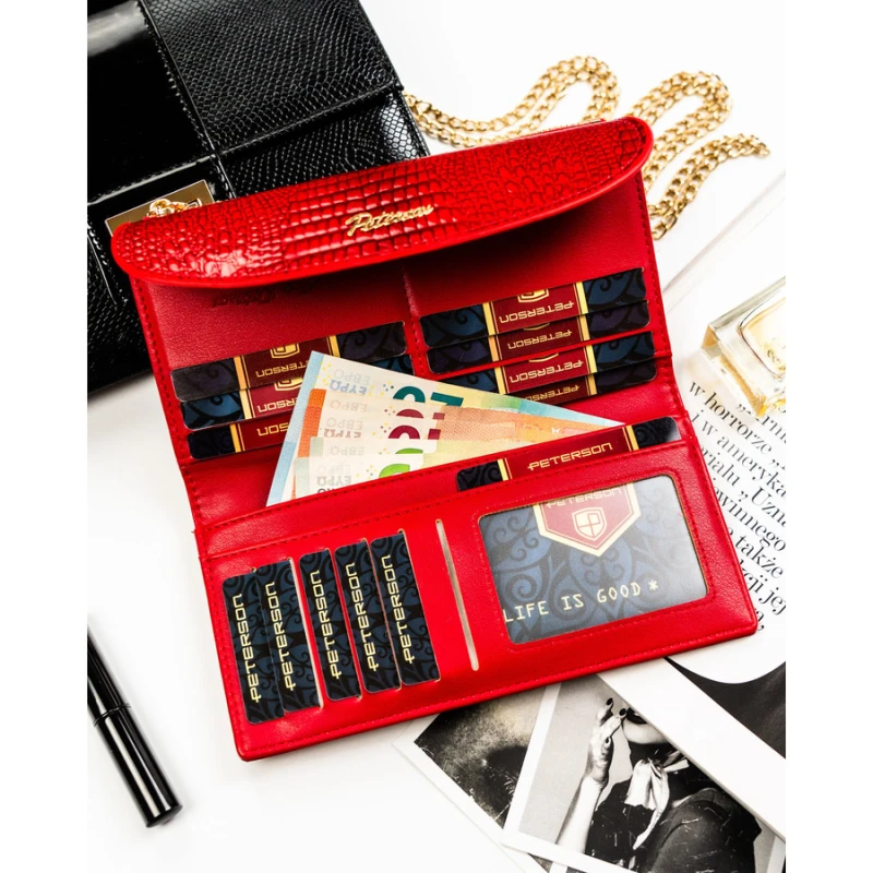 Poziomy portfel damski ze skóry ekologicznej w czerwonym kolorze z tłoczeniem na wzór skóry krokodyla - Peterson