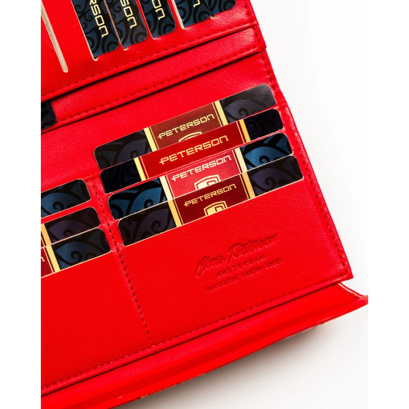 Poziomy portfel damski ze skóry ekologicznej w czerwonym kolorze z tłoczeniem na wzór skóry krokodyla - Peterson