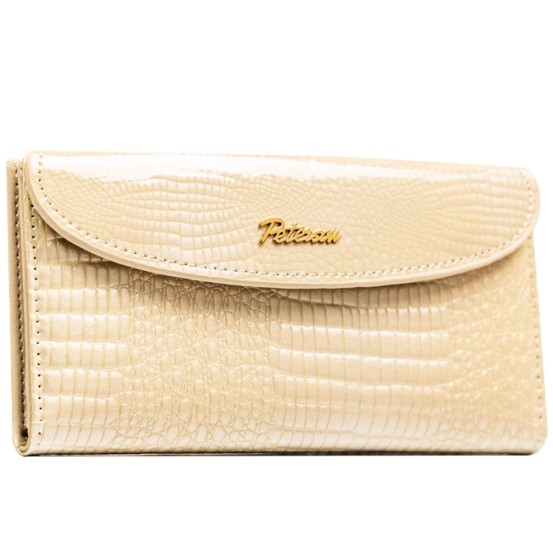 Poziomy, beżowy portfel damski ze skóry ekologicznej z tłoczeniem na wzór skóry krokodyla - Peterson