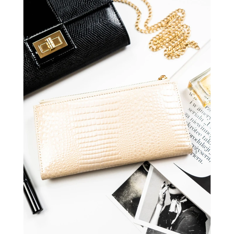 Poziomy, beżowy portfel damski ze skóry ekologicznej z tłoczeniem na wzór skóry krokodyla - Peterson