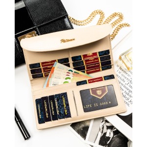 Poziomy, beżowy portfel damski ze skóry ekologicznej z tłoczeniem na wzór skóry krokodyla - Peterson