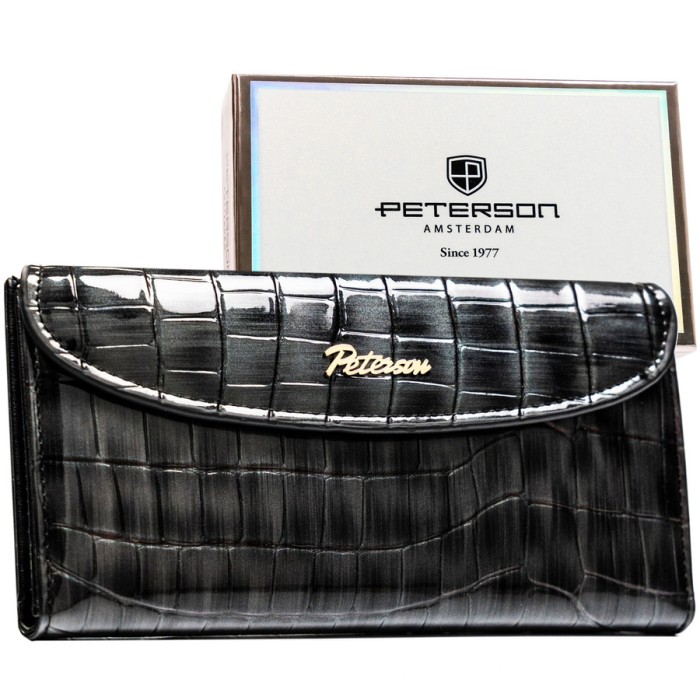 Szary portfel damski ze skóry ekologicznej z tłoczeniem na wzór skóry krokodyla, zamykany na zatrzask magnetyczny - Peterson