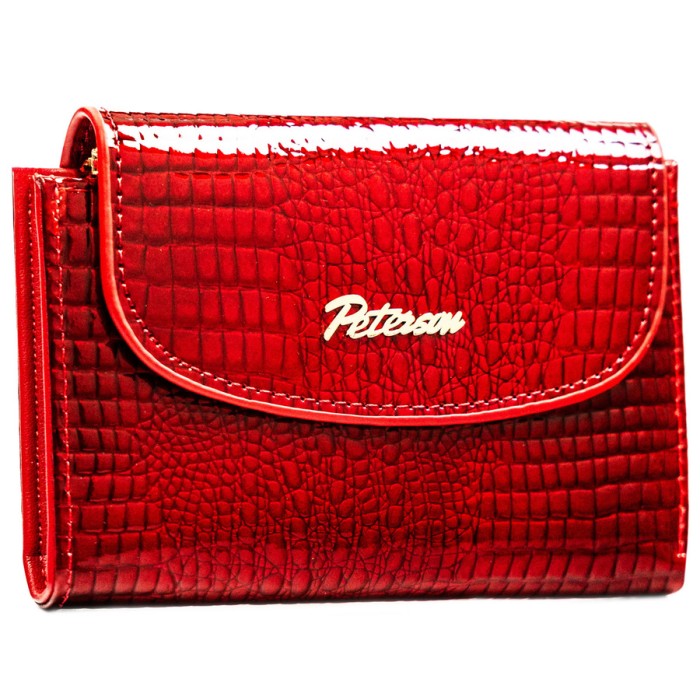 Poziomy, czerwony portfel damski ze skóry ekologicznej z tłoczeniem na wzór skóry krokodyla - Peterson