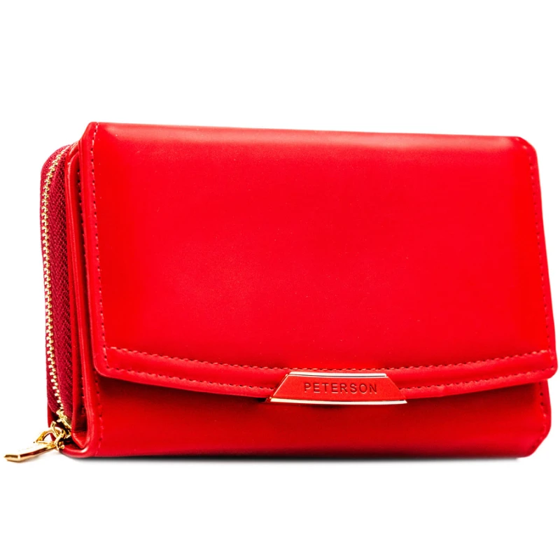 Czerwony portfel damski ze skóry ekologicznej zamykany na zatrzask i suwak - Peterson
