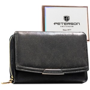 Czarny portfel damski ze skóry ekologicznej zamykany na zatrzask i suwak - Peterson