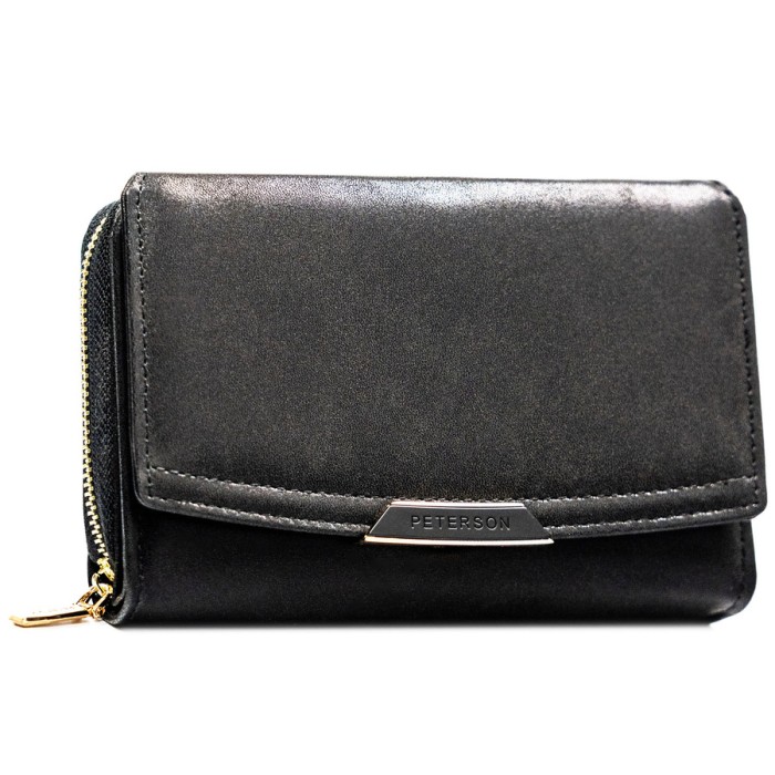 Czarny portfel damski ze skóry ekologicznej zamykany na zatrzask i suwak - Peterson
