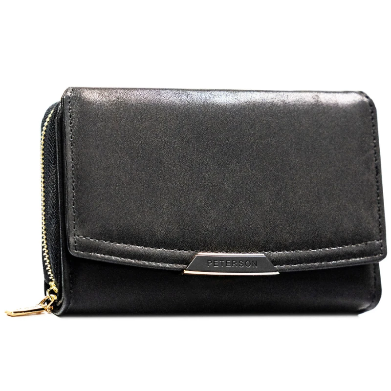 Czarny portfel damski ze skóry ekologicznej zamykany na zatrzask i suwak - Peterson