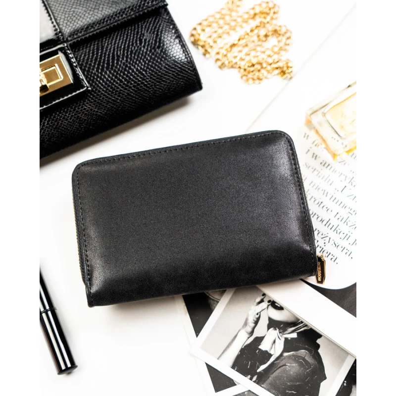 Czarny portfel damski ze skóry ekologicznej zamykany na zatrzask i suwak - Peterson