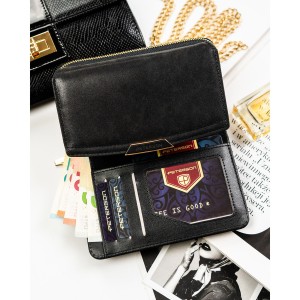 Czarny portfel damski ze skóry ekologicznej zamykany na zatrzask i suwak - Peterson