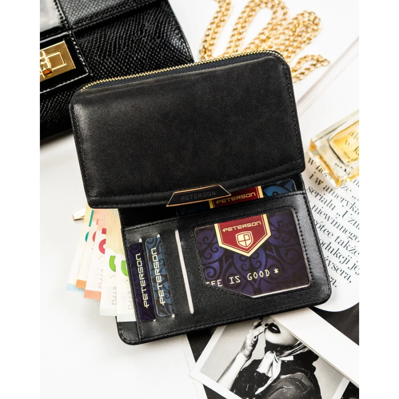 Czarny portfel damski ze skóry ekologicznej zamykany na zatrzask i suwak - Peterson