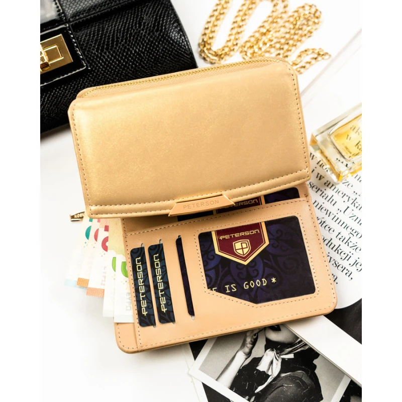 Portfel damski ze skóry ekologicznej w ciemnobeżowym kolorze, wyposażony w system RFID - Peterson