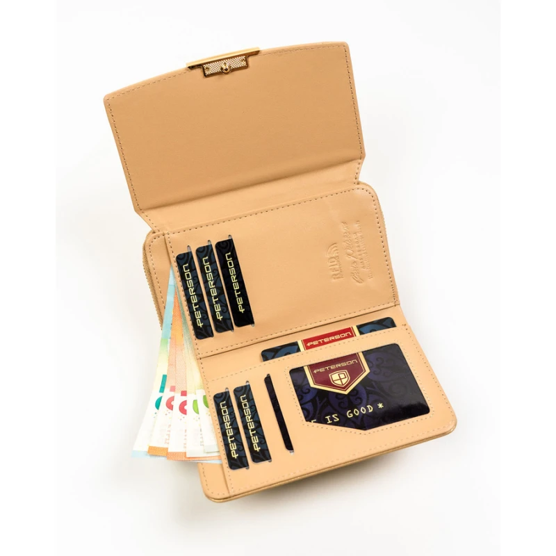 Portfel damski ze skóry ekologicznej w ciemnobeżowym kolorze, wyposażony w system RFID - Peterson