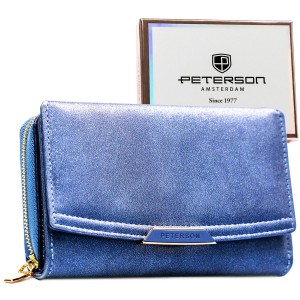 Granatowy portfel damski ze skóry ekologicznej wyposażony w system RFID - Peterson