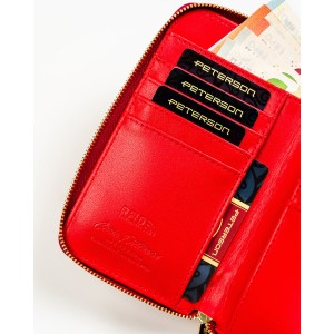 Czerwony portfel damski w typie piórnika ze skóry ekologicznej wyposażony w system RFID - Peterson