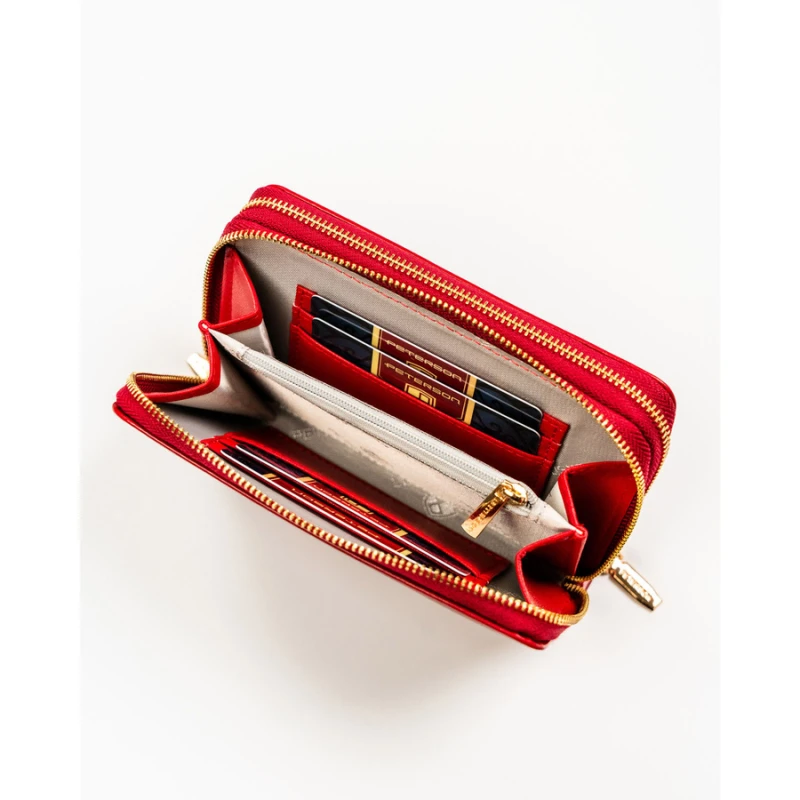 Czerwony portfel damski w typie piórnika ze skóry ekologicznej wyposażony w system RFID - Peterson