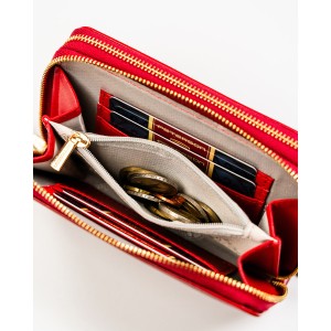 Czerwony portfel damski w typie piórnika ze skóry ekologicznej wyposażony w system RFID - Peterson