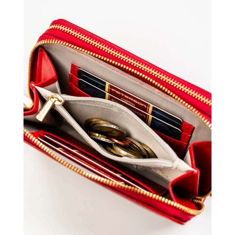 Czerwony portfel damski w typie piórnika ze skóry ekologicznej wyposażony w system RFID - Peterson