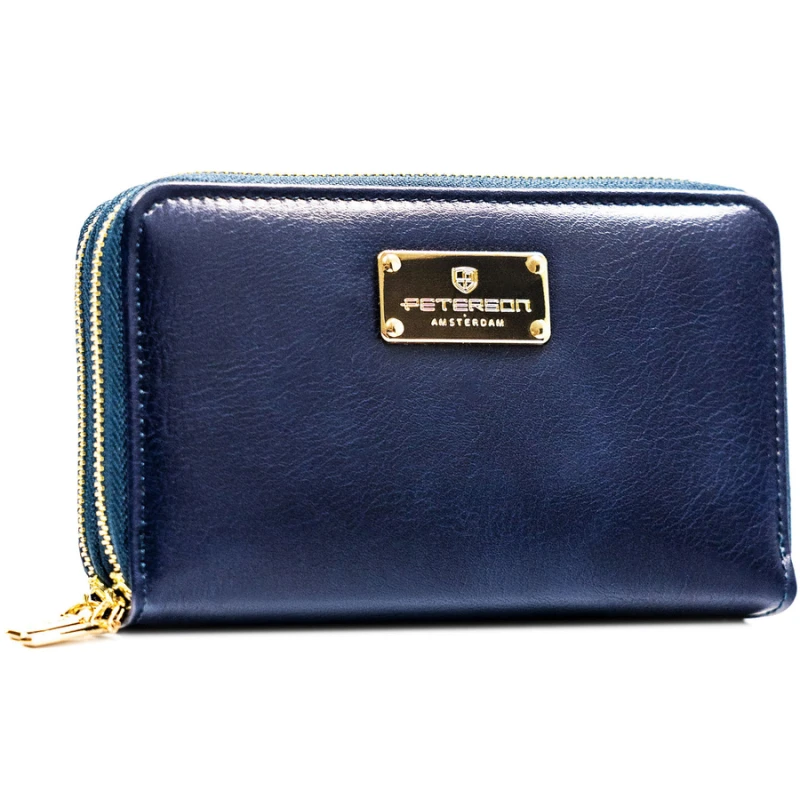 Granatowy portfel damski w typie piórnika ze skóry ekologicznej zamykany suwakiem - Peterson
